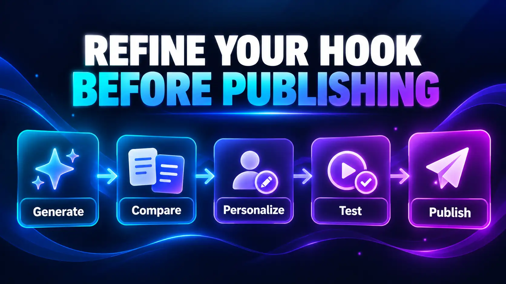 AI hook refinement workflow showing generate compare personalize test and publish